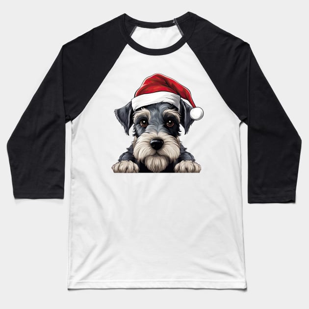 Christmas Peeking Miniature Schnauzer Dog Baseball T-Shirt by Chromatic Fusion Studio